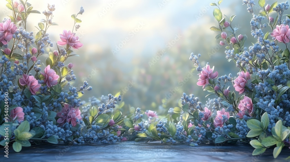 A serene garden at dawn adorned with blooming pink and blue flowers under a soft morning light creating a tranquil atmosphere A serene garden at dawn adorned with blooming pink and blue flowers under a soft morning light creating a tranquil atmosphere