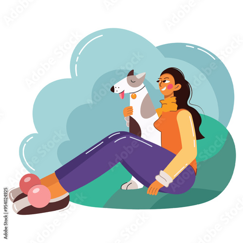 Woman with dog sitting in nature. Girl hugging dog. Summer camping, travel, trip, nature, journey, pet, dog walking concept. Isolated vector flat illustration for poster, banner, cover, postcard