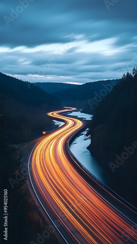 A long exposure photograph of the lights from cars on a highway at night