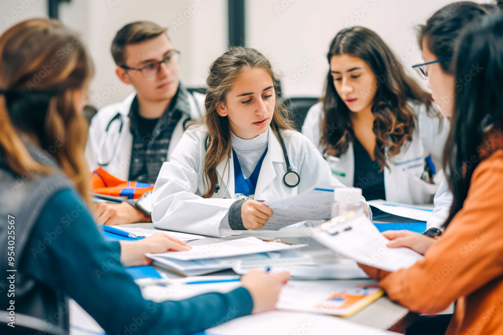 Obraz premium A small group of medical students gather around a table with a female doctor as she reviews policies and procedures. There are various files and papers scattered between them for reference