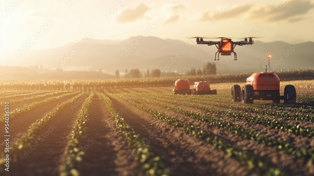 A large farm field with several robots working autonomously: one is planting seeds, another is harvesting crops, and a third is monitoring soil conditions with built-in sensors. A large farm field with several robots working autonomously: one is planting seeds, another is harvesting crops, and a third is monitoring soil conditions with built-in sensors.