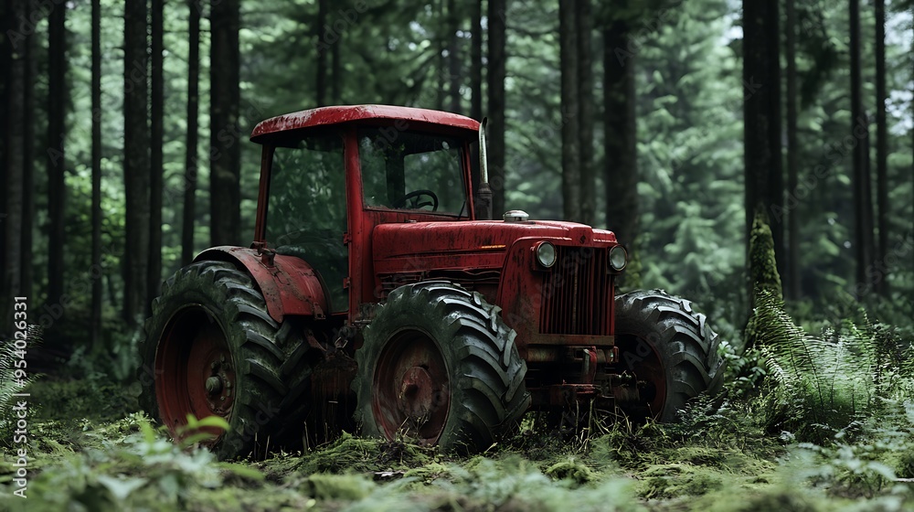 Red Tractor Parked in a Lush Forest Red Tractor Parked in a Lush Forest