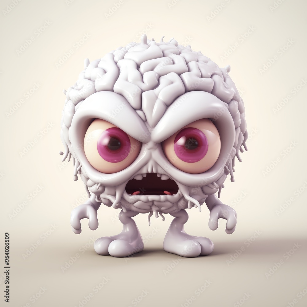 Fototapeta premium Angry Cartoon Brain Character on Plain Background