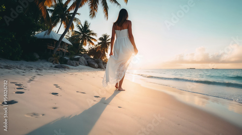 Woman walking on the beach at sunset in tropical paradise photo