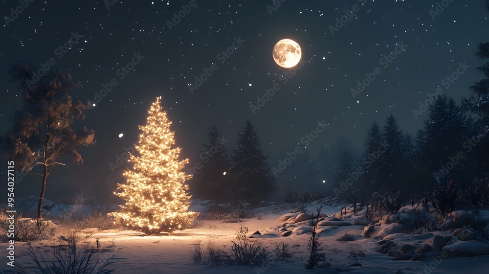 Peaceful winter night scene with a glowing Christmas tree in the foreground sparkling stars reflecting off the snow and a dreamy full moon illuminating the serene magical landscape Peaceful winter night scene with a glowing Christmas tree in the foreground sparkling stars reflecting off the snow and a dreamy full moon illuminating the serene magical landscape