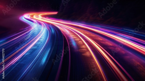 A vibrant, dynamic scene depicting light trails on a road at night, showcasing movement and energy.