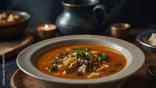 Bowl of soup presented in a photo.