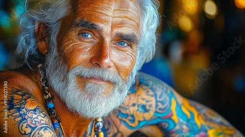 A charismatic elderly man with striking tattoos enjoys a vibrant sunset on the beach reflecting wisdom and life experiences in his soulful blue eyes