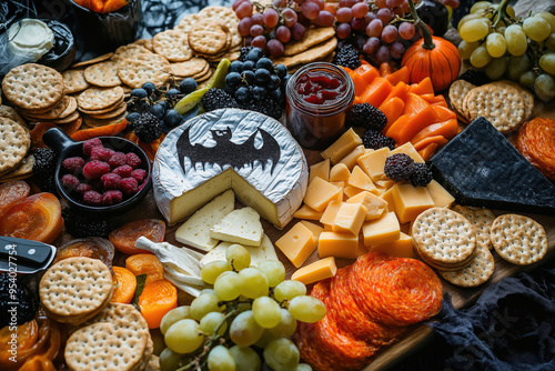 Halloween charcuterie board with a spooky theme, featuring a variety of cheeses, meats, and fruits, ideal for a festive holiday party. Helloween food