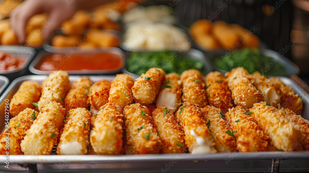 Close-up of mozzarella sticks on a tray with sauces in the background. Close-up of mozzarella sticks on a tray with sauces in the background.