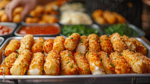 Close-up of mozzarella sticks on a tray with sauces in the background.