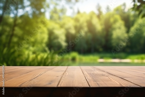 The empty wooden table top with blur background of summer lakes green forest