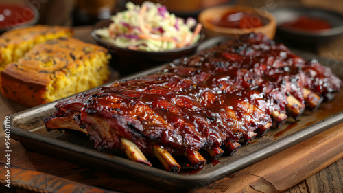 A platter of glazed barbecue ribs with side dishes in background.