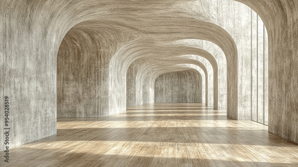 Naklejka premium A tranquil corridor adorned with graceful arches bathed in soft sunlight streaming through expansive windows at midday