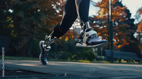 Close up of a runner with a prosthetic leg running on a black track.