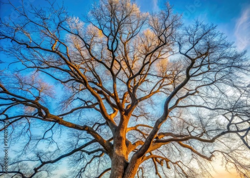 Bare branches of a deciduous tree stretch towards the sky, its limbs etched against a soft, blue-gray winter morning horizon, devoid of foliage.