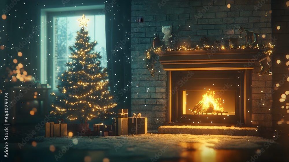 Cozy Christmas Fireplace Scene with Glowing Tree and Sparkling Winter Ambiance Festive holiday interior with warm firelight twinkling a dreamy peaceful atmosphere Cozy Christmas Fireplace Scene with Glowing Tree and Sparkling Winter Ambiance Festive holiday interior with warm firelight twinkling a dreamy peaceful atmosphere