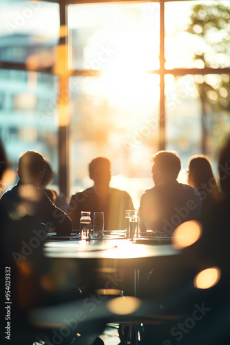 Backlit Silhouettes of Business Meeting. Backlit silhouette of a business team meeting indoors with warm colors ideal for corporate or networking event themes. photo