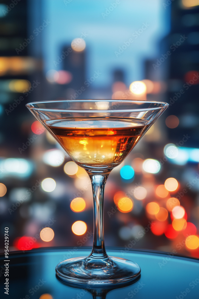 Close-Up Martini Glass Urban Nightlife. Close-up of a cocktail glass with city lights blurred in the background, suitable for nightlife and leisure themes.