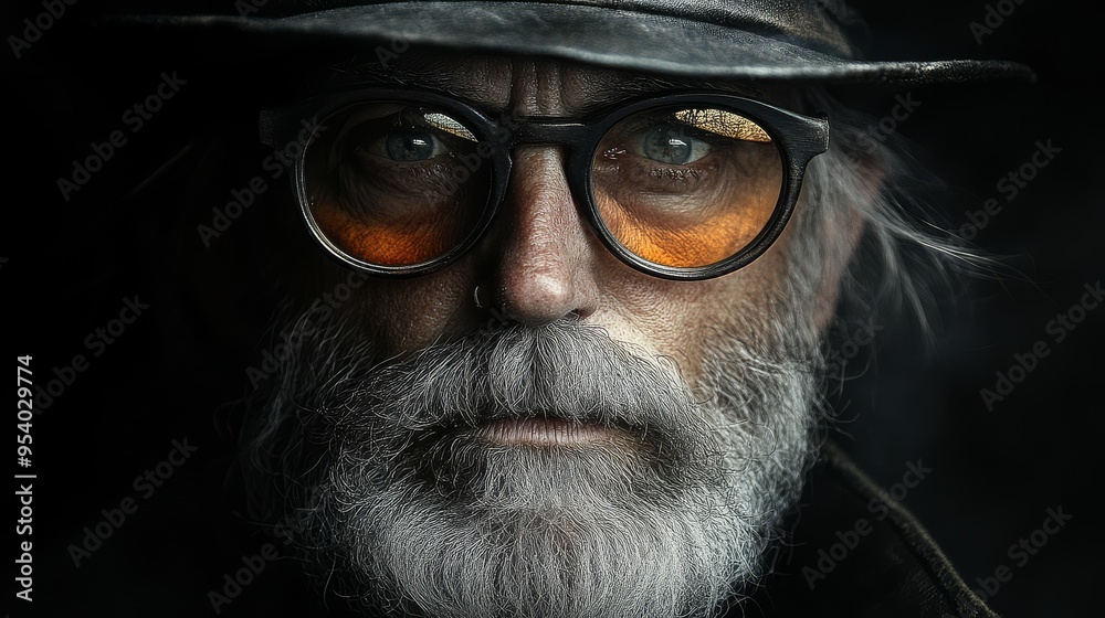 A wise old man with a long beard and round glasses gazes thoughtfully into the distance during twilight in a quiet rural setting
