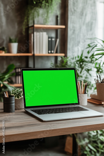 Laptop with green screen on wooden desk among plants.