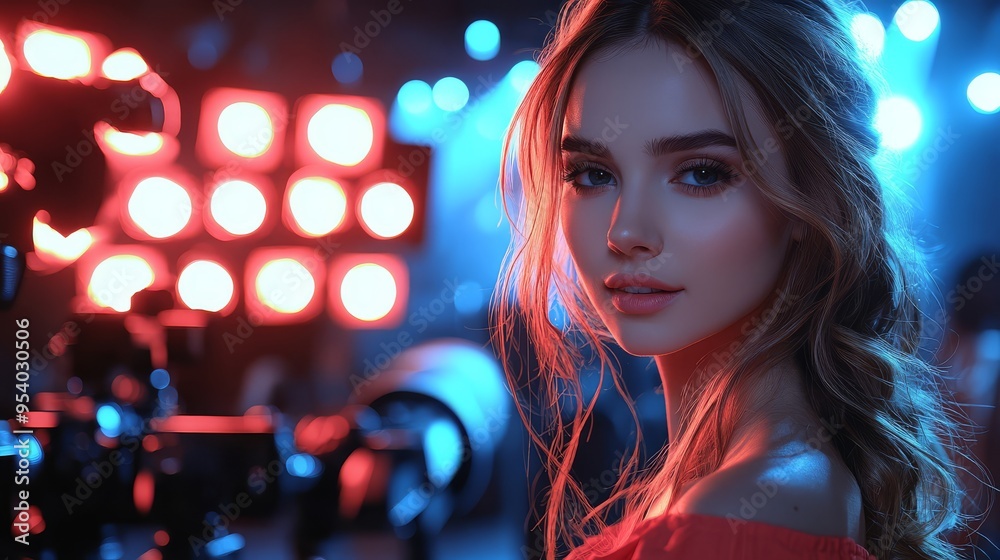 A captivating young woman poses against dazzling lights in an urban venue reflecting the energy of a vibrant night out with friends A captivating young woman poses against dazzling lights in an urban venue reflecting the energy of a vibrant night out with friends