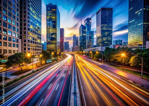 Blurred cityscape at dusk with streaks of light from speeding cars, capturing the frenetic energy and velocity of photo