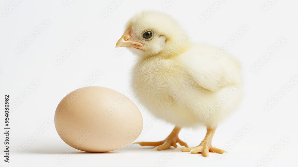 newborn broiler chicken near an egg , isolated on white background newborn broiler chicken near an egg , isolated on white background