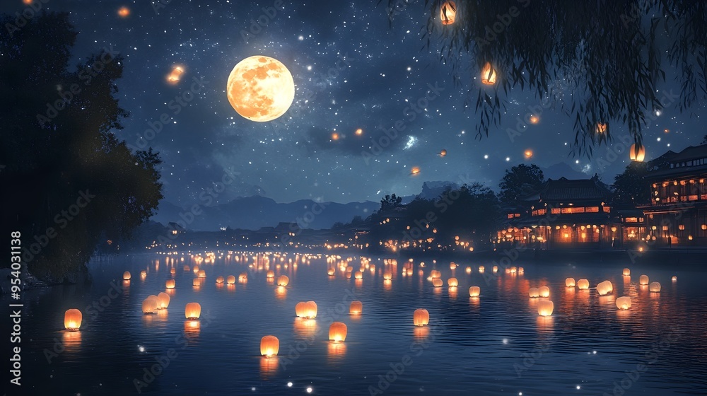 Serene river scene with glowing lanterns floating on the calm waters reflecting the sparkling stars and radiant full moon in the night sky creating a dreamy atmosphere for the Mid Autumn Festival Serene river scene with glowing lanterns floating on the calm waters reflecting the sparkling stars and radiant full moon in the night sky creating a dreamy atmosphere for the Mid Autumn Festival