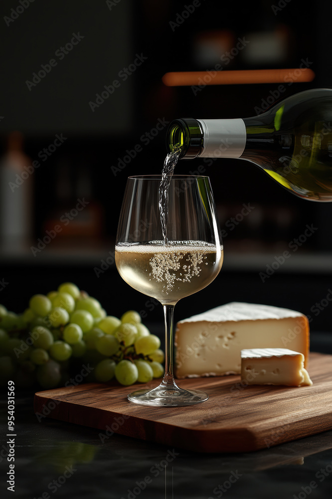 Obraz premium Pouring wine into a glass with grapes and cheese on a wooden table