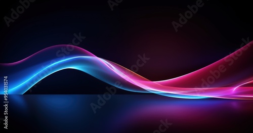 A vibrant abstract design featuring flowing waves of blue and pink light against a dark background, creating a dynamic visual effect.