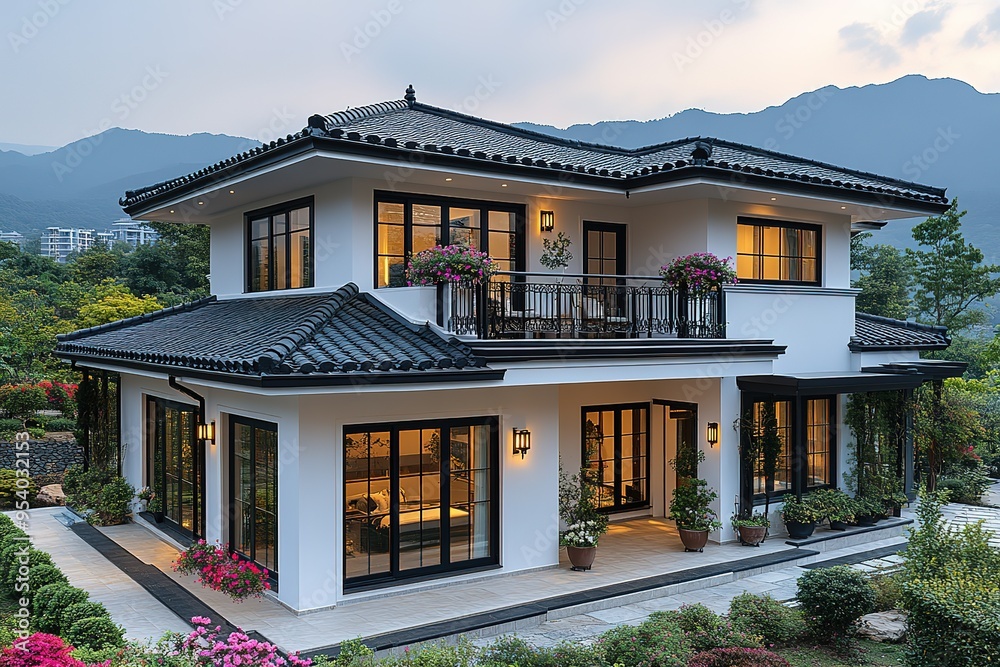 Fototapeta premium A large house with a black roof and white trim