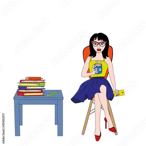 Mujer sentada tomándose un café.