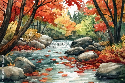 Beautiful autumn landscape with a serene river flowing through a forest of vibrant red, orange, and yellow foliage, surrounded by rocks. photo