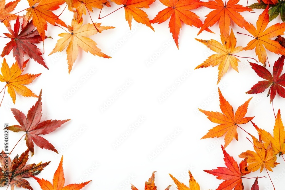 Autumn Maple Leaves Flat Lay White Background created with Generative AI Autumn Maple Leaves Flat Lay White Background created with Generative AI