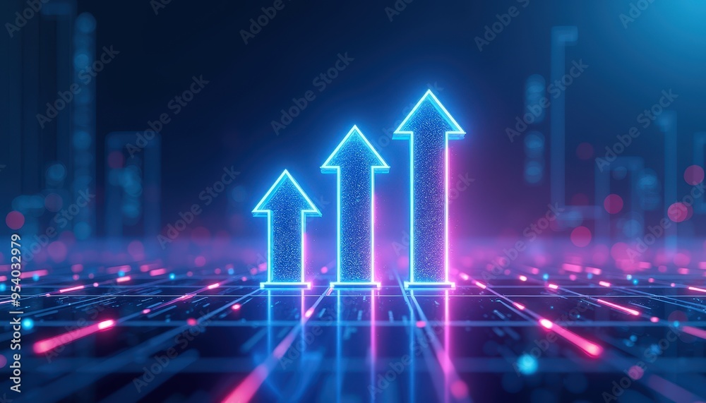 Neon Arrows Pointing Upwards in a Digital Space