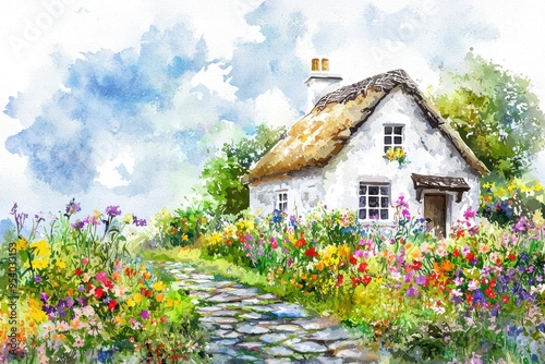 Charming countryside cottage with a thatched roof surrounded by a vibrant, colorful flower garden, set against a bright, cloudy sky.