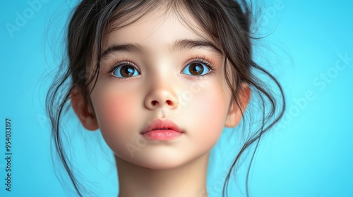 A captivating portrait of a young girl with sparkling blue eyes and delicate features against a serene blue background evoking innocence and wonder