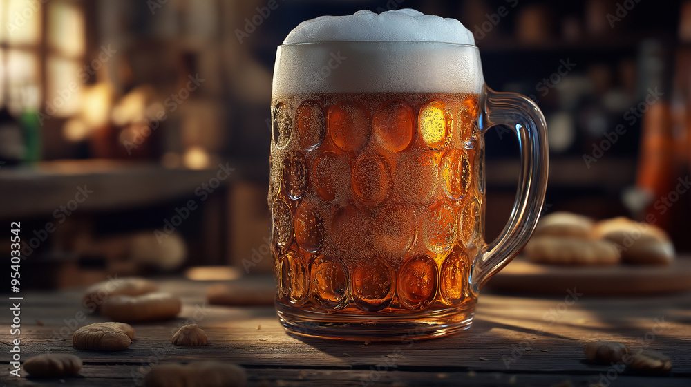 On theme of foamy German beer in large glass mug for celebration holiday Oktoberfest On theme of foamy German beer in large glass mug for celebration holiday Oktoberfest