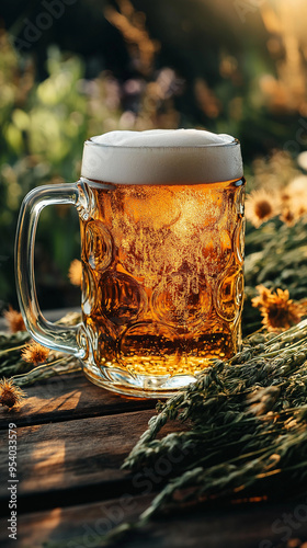 On theme of foamy German beer in large glass mug for celebration holiday Oktoberfest