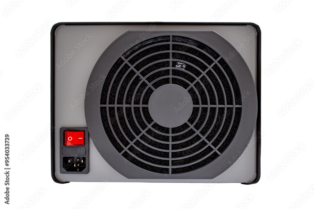 Back of a ozone generator, with on off switch, fan grater and black metal case, isolated on white background