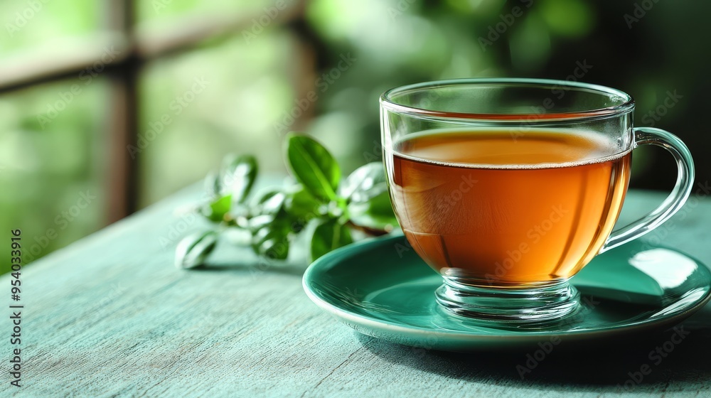 A steaming cup of herbal tea placed on a green plate surrounded by a serene garden setting on a quiet afternoon A steaming cup of herbal tea placed on a green plate surrounded by a serene garden setting on a quiet afternoon