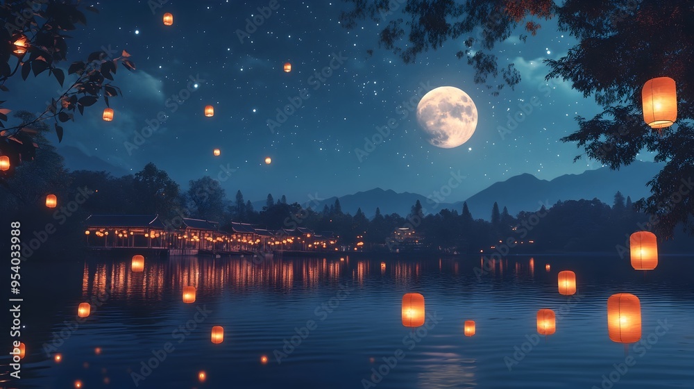 A dreamy and captivating lakeside scene during the Mid Autumn Festival with the full moon reflecting on the still water sparkling stars overhead and lanterns gently floating in the soft breeze A dreamy and captivating lakeside scene during the Mid Autumn Festival with the full moon reflecting on the still water sparkling stars overhead and lanterns gently floating in the soft breeze