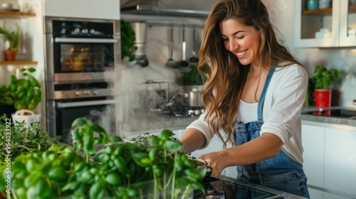 A young woman enjoys cooking in a modern kitchen filled with fresh herbs. Vibrant green plants add life to the space. The warm atmosphere inspires creativity and healthy eating. AI