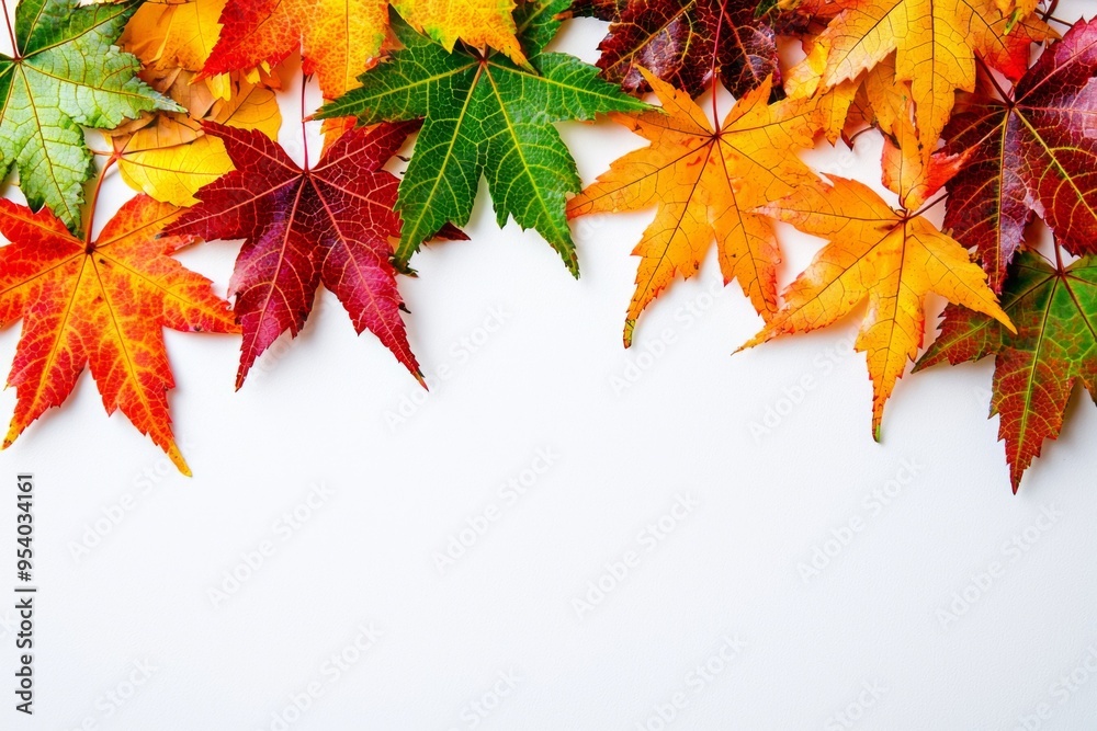 Autumn Maple Leaves Flat Lay White Background created with Generative AI Autumn Maple Leaves Flat Lay White Background created with Generative AI