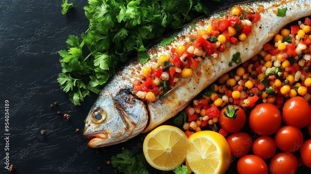 Freshly grilled fish adorned with vibrant salsa surrounded by ripe tomatoes zesty lemons and fragrant herbs ready for a delightful feast