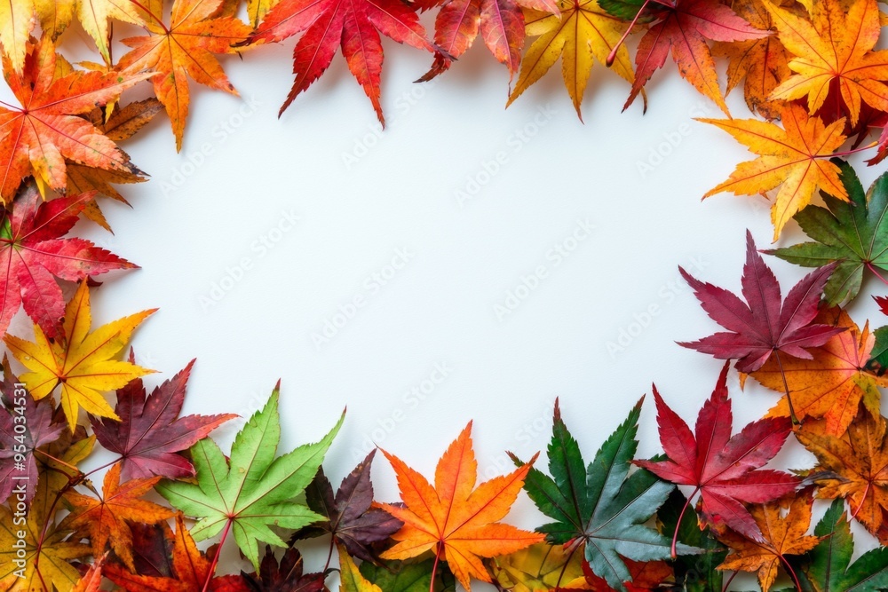 Autumn Maple Leaves Flat Lay White Background created with Generative AI Autumn Maple Leaves Flat Lay White Background created with Generative AI