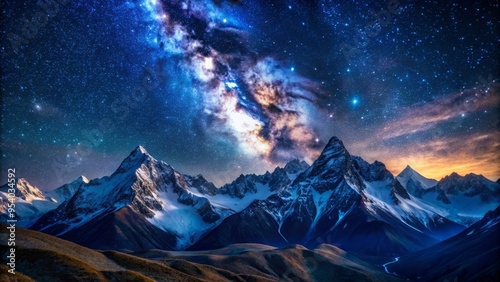 Celestial night sky with vibrant stars and Milky Way galaxy above rugged snow-capped mountain peaks, dramatic landscape photo