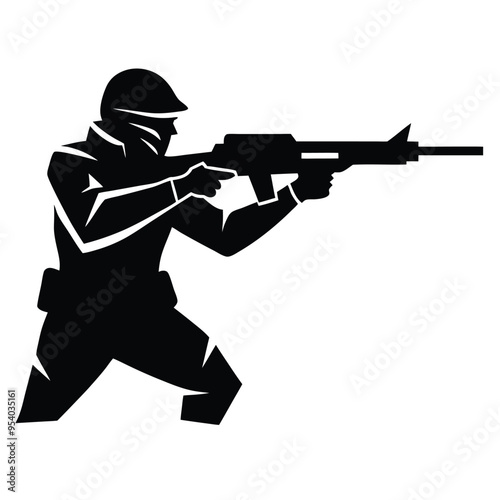 Silhouette of a Shooter Aiming to Fire with a Gun, Dynamic Figure in Action Pose on a White Background, High-Contrast Black Silhouette for Illustrations, Posters, and Graphic Designs