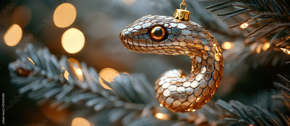 glass gold christmas tree decoration in the shape of a snake head with scale texture hanging on a fir-tree branch, new year 2025, symbol, chinese horoscope, decor, winter, blurred background, postcard glass gold christmas tree decoration in the shape of a snake head with scale texture hanging on a fir-tree branch, new year 2025, symbol, chinese horoscope, decor, winter, blurred background, postcard